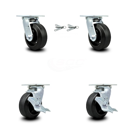 6 Inch Rubber On Steel Caster Set With Roller Bearings 2 Swivel Lock 2 Brake SCC